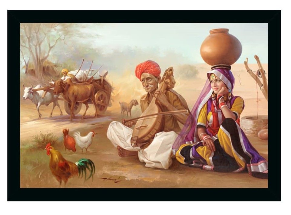 Rajasthani Village Modern Art Painting with Synthetic Photo Frame (Multicolor)