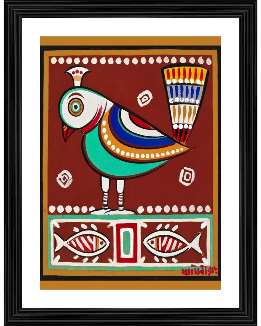 Bird and Fishes Painting With Wood Photo Frame (Multicolor)