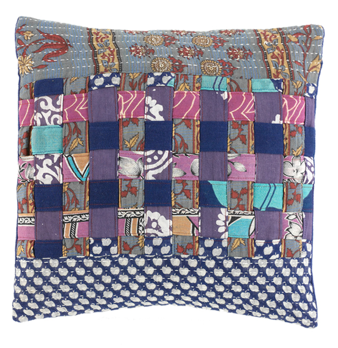 Square Patchwork Cool Tones Kantha Pillow Square Patchwork Cool Tones Kantha Pillow