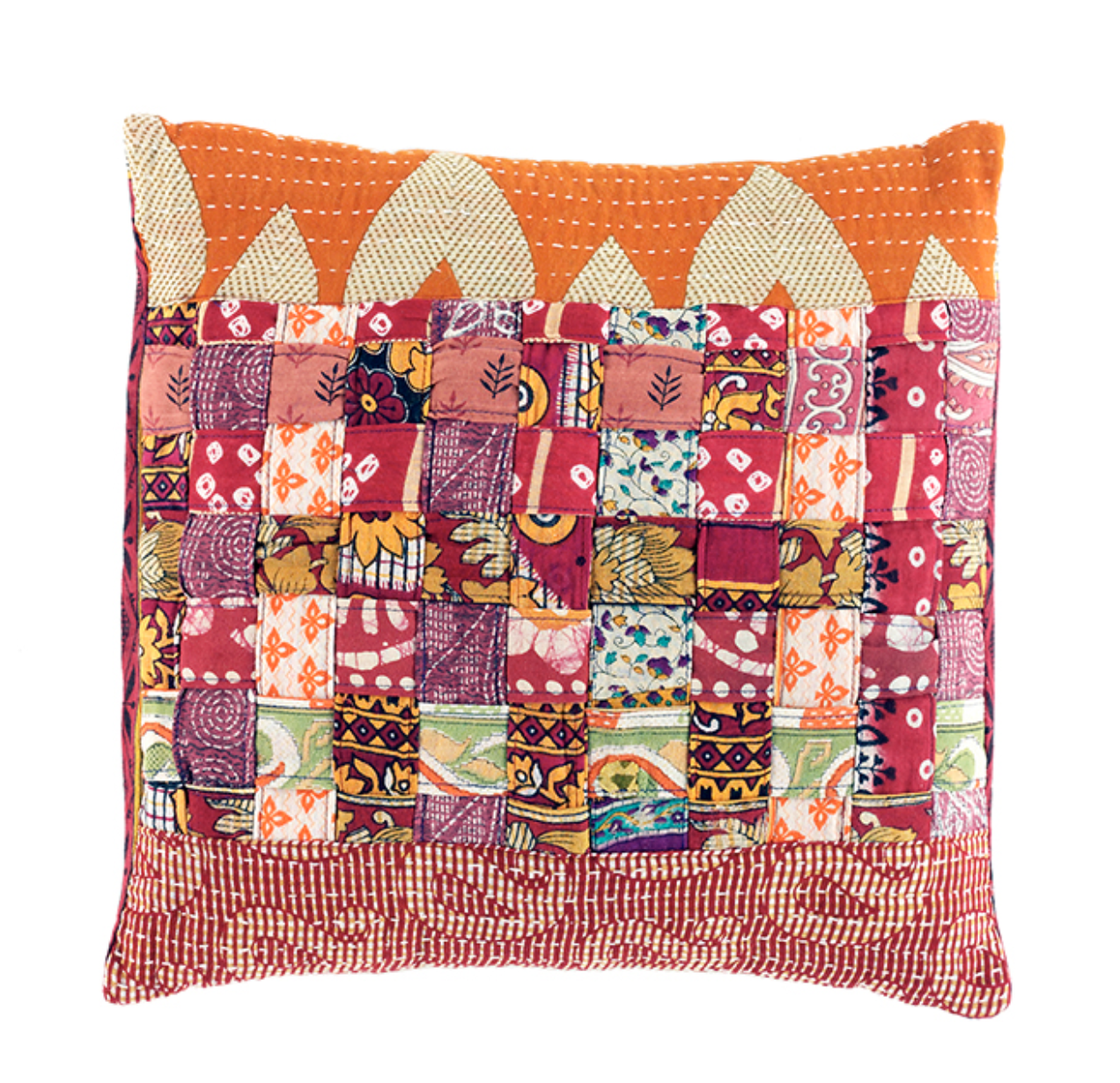 Square Patchwork Warm Tones Kantha Pillow Square Patchwork Warm Tones Kantha Pillow