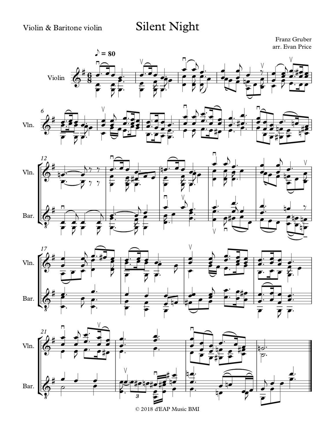 Silent Night - for violin and baritone violin (F. Gruber, arr. E. Price) (pdf)