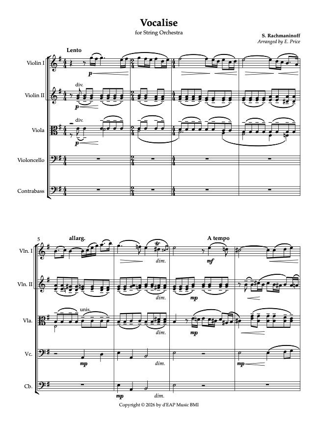 "Vocalise" for string orchestra (S. Rachmaninoff, arr. E. Price) (pdf)