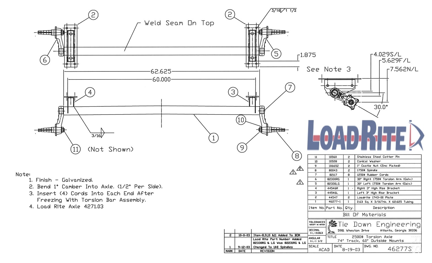SO - Torsion Axle - LoadRite 2000 lbs. Idler 58in Frame Center: 6090.93K