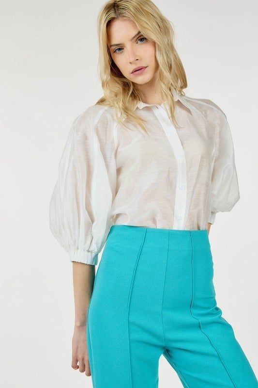 BUBBLE SLEEVE BUTTON-DOWN TOP Small, Color: OFF WHITE, Size: SMALL