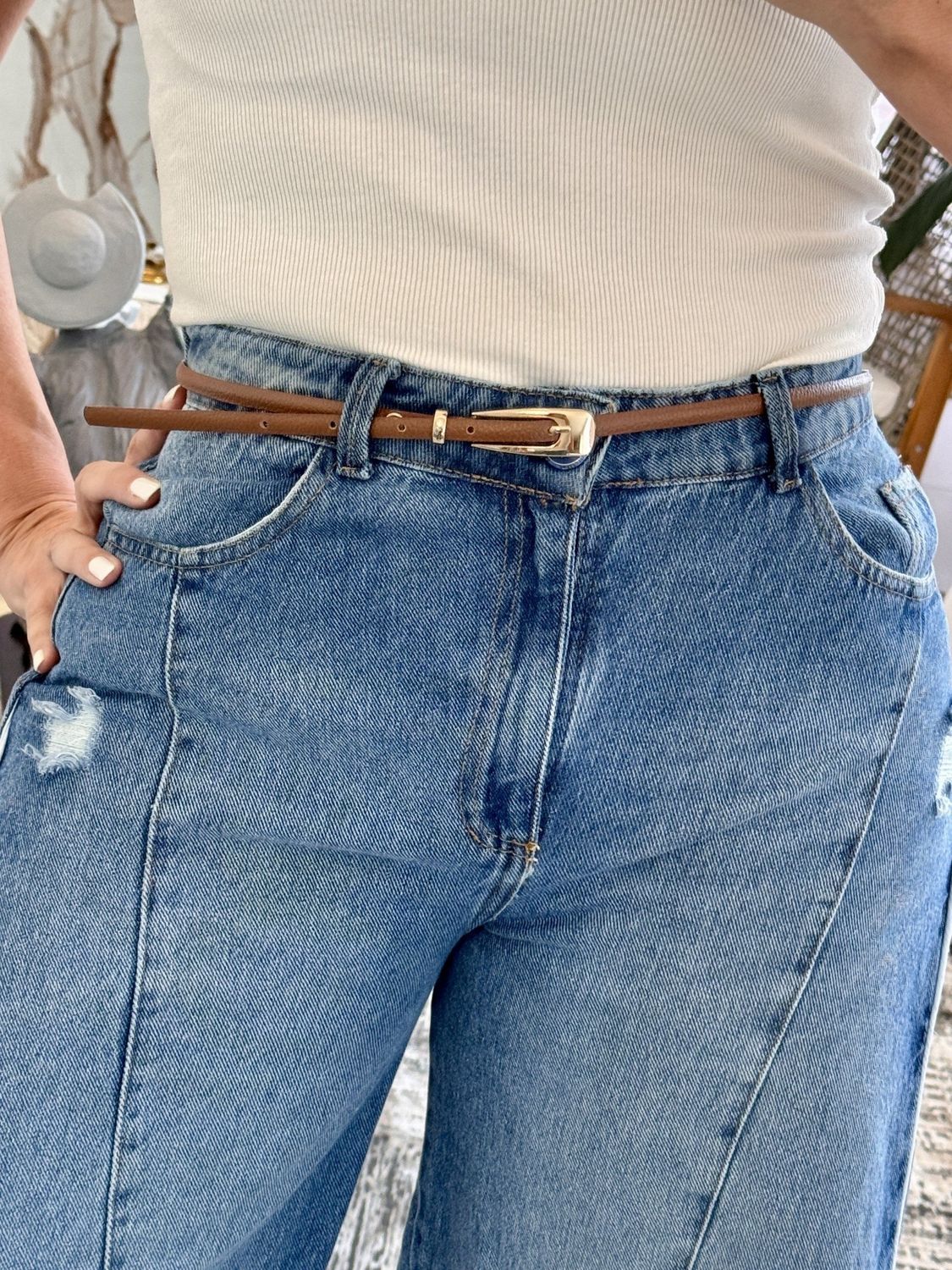 Sleek strap leather belt, Color: natural