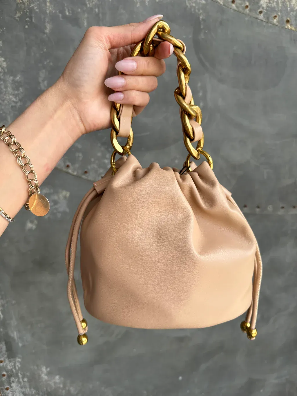 Solid Crossbody Bag with Chain Accented Strap , Color: Beige