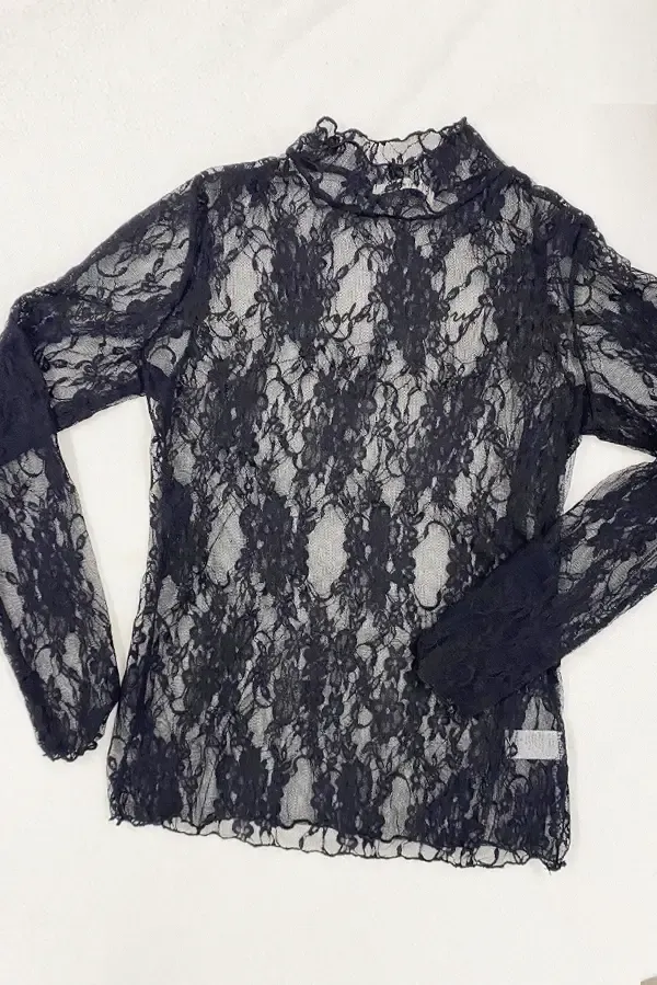Floral Print Lace Long Sleeve Top, Color: black, Size: small