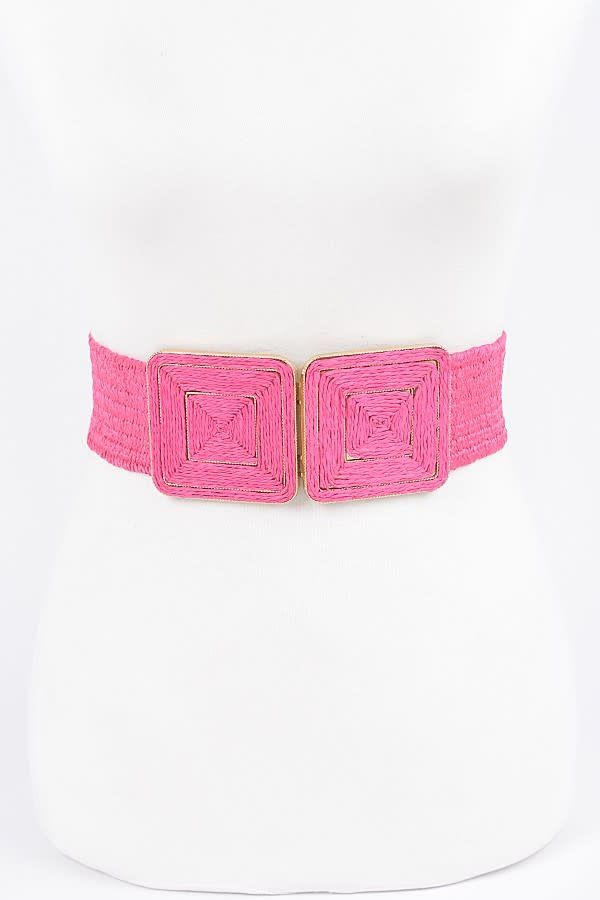 Faux Straw Two Buckle Elastic Belt(more Colors), Color: fucsia