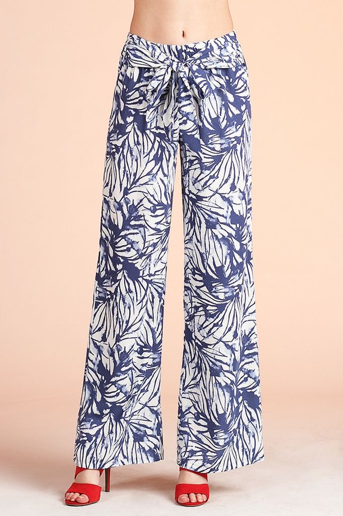 Watercolor Leaf Print Wide Leg Pants