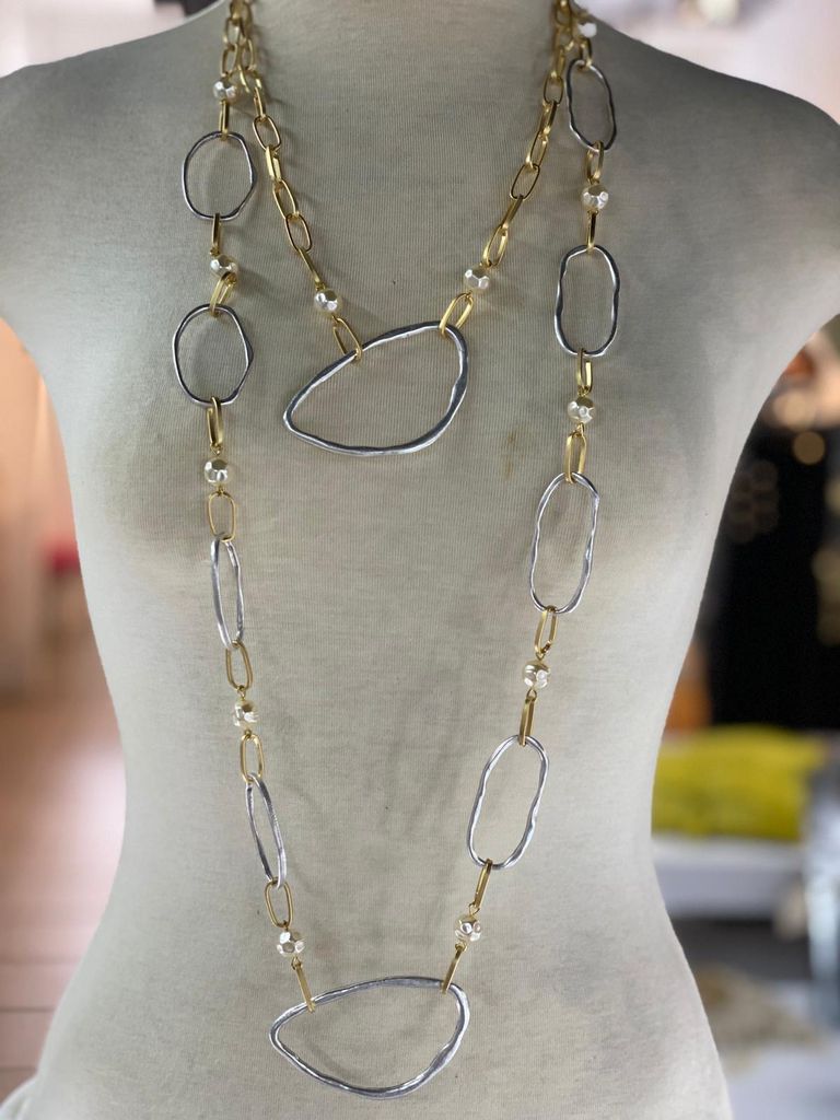 Double chain long necklace pearl