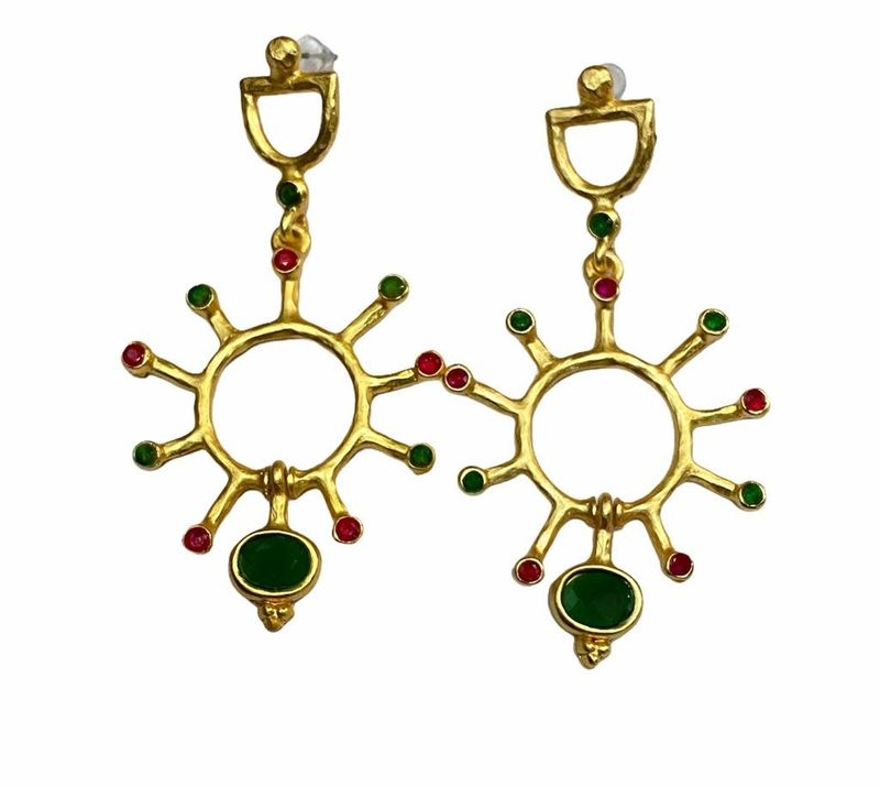 Gold Plated Green and Red Earrings