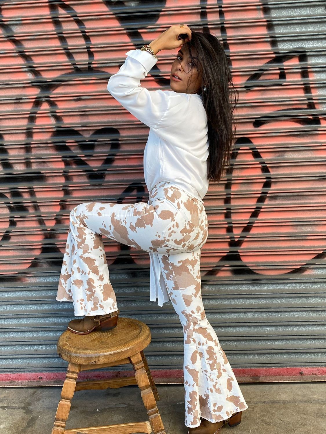 small Brown Cow Printed Bell Bottom