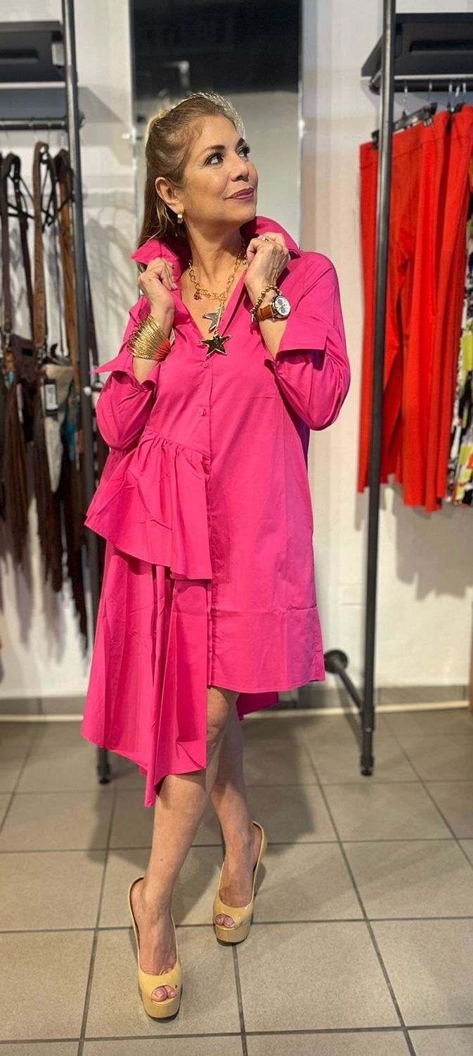 ASYMMETRIC SHIRT DRESS WITH RUFFLE DETAI