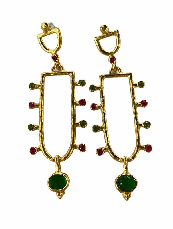 Gold Plated Earrings Green and Red Crystals