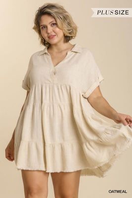 Oatmeal Short Ruffle V- Neck Dress