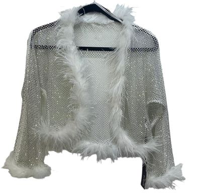 ONE SIZE See Thru Long Sleeve Feathers with Rhinestones Top