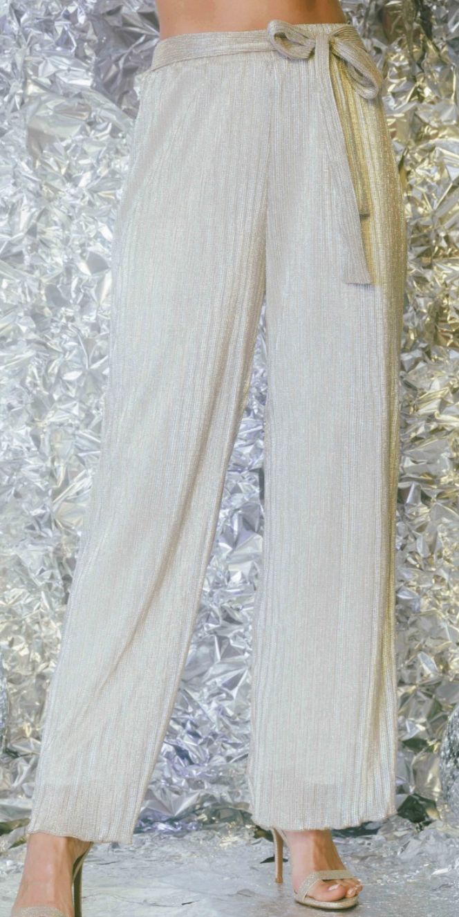 Metallic Pleated Wide Long Pants