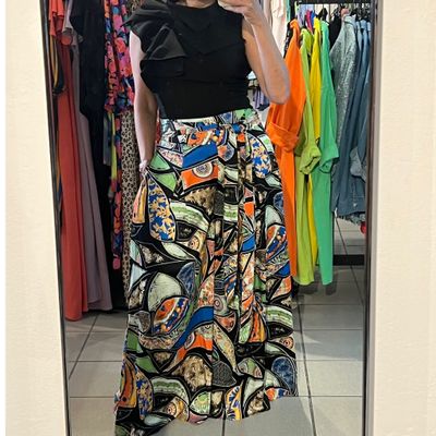 Wide leg colorful pattern side zip pant with tie