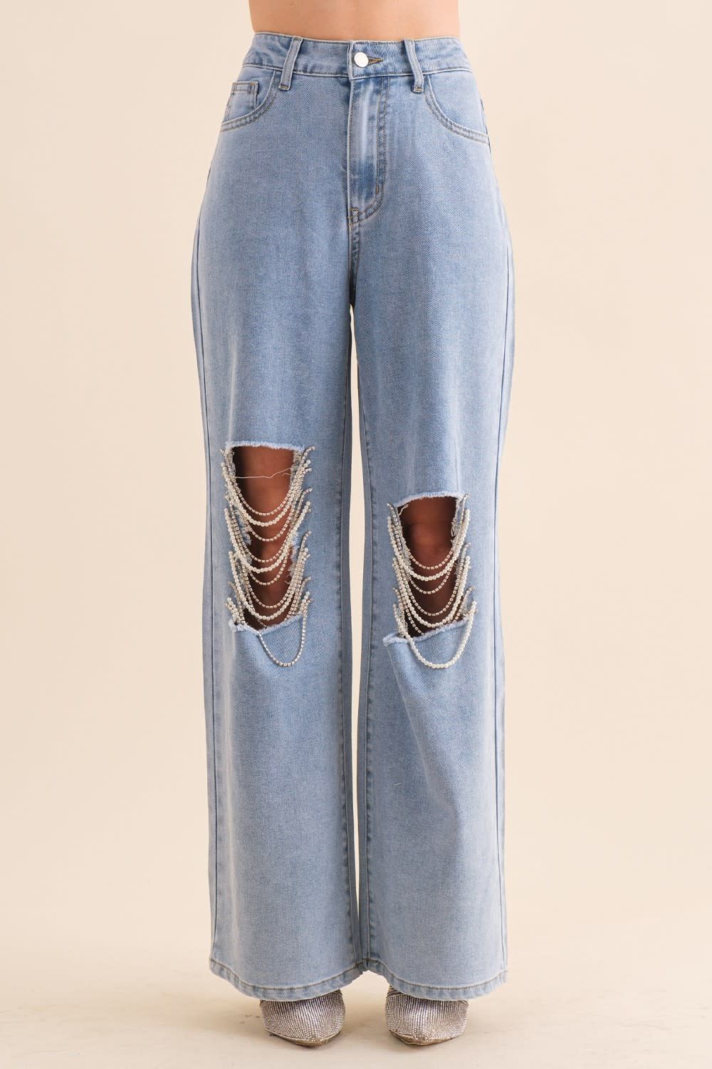 Distressed Washed Loose Jeans SMALL