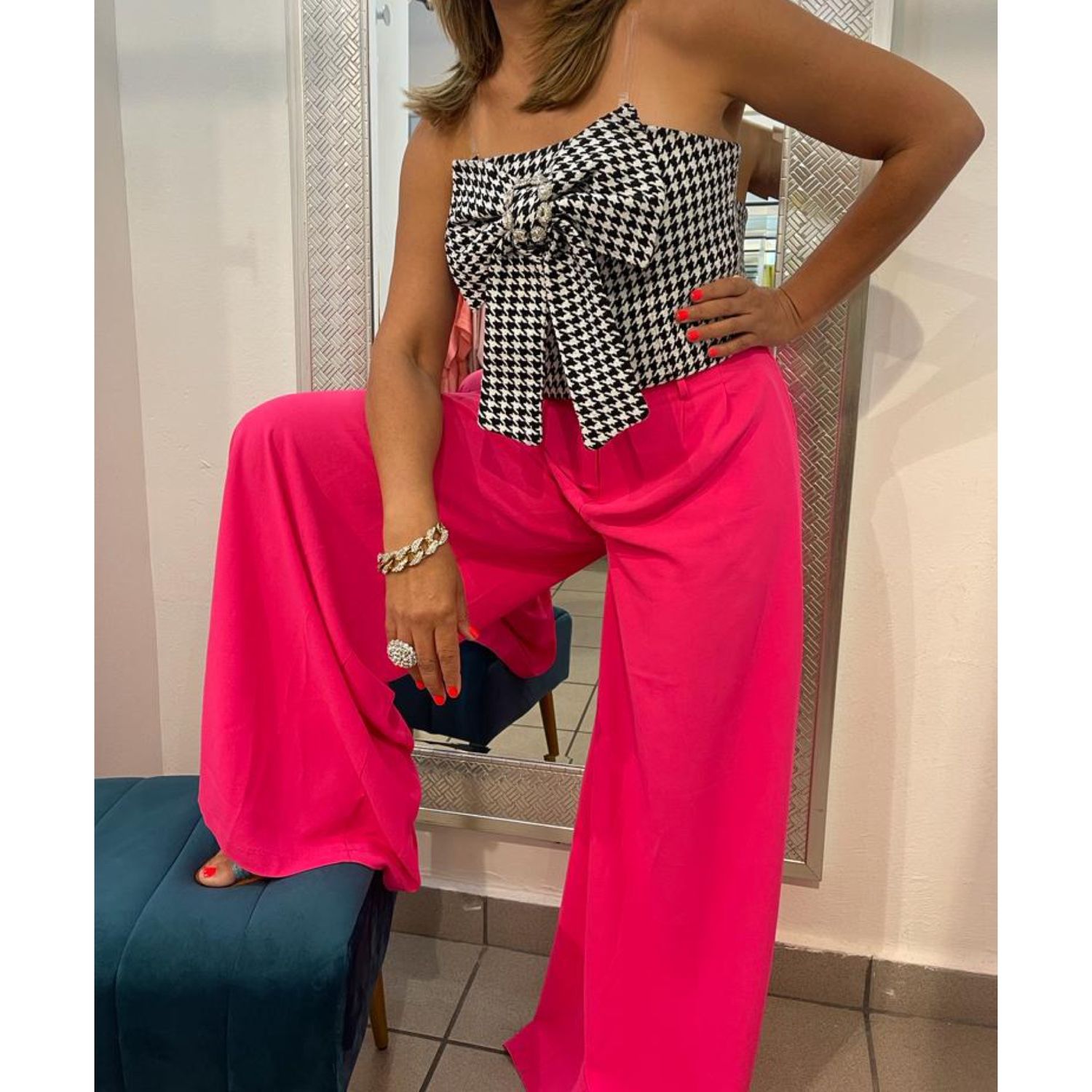 All Over Print Bowknot Tweed Tube Top