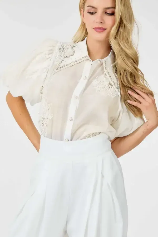 BUBBLE SLEEVE EMBROIDERED Top White