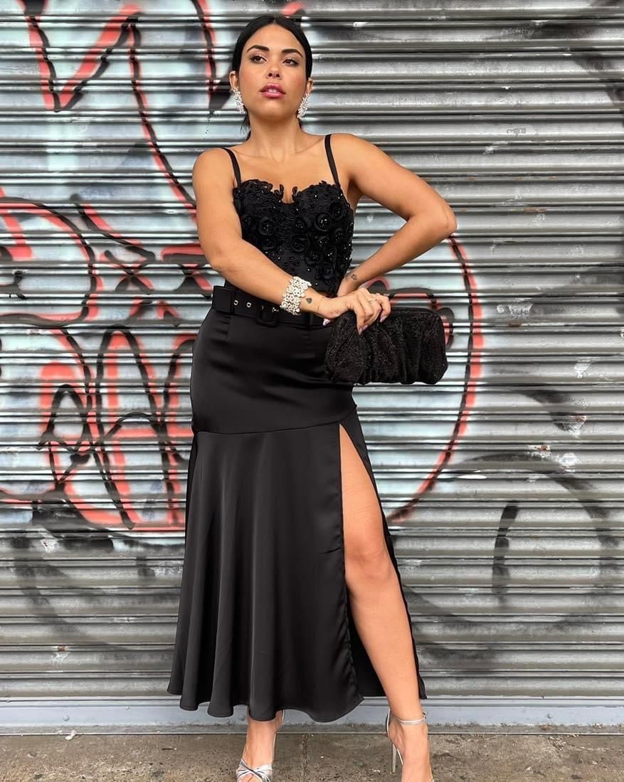 Satin flared slit maxi skirt with self-fabric cove