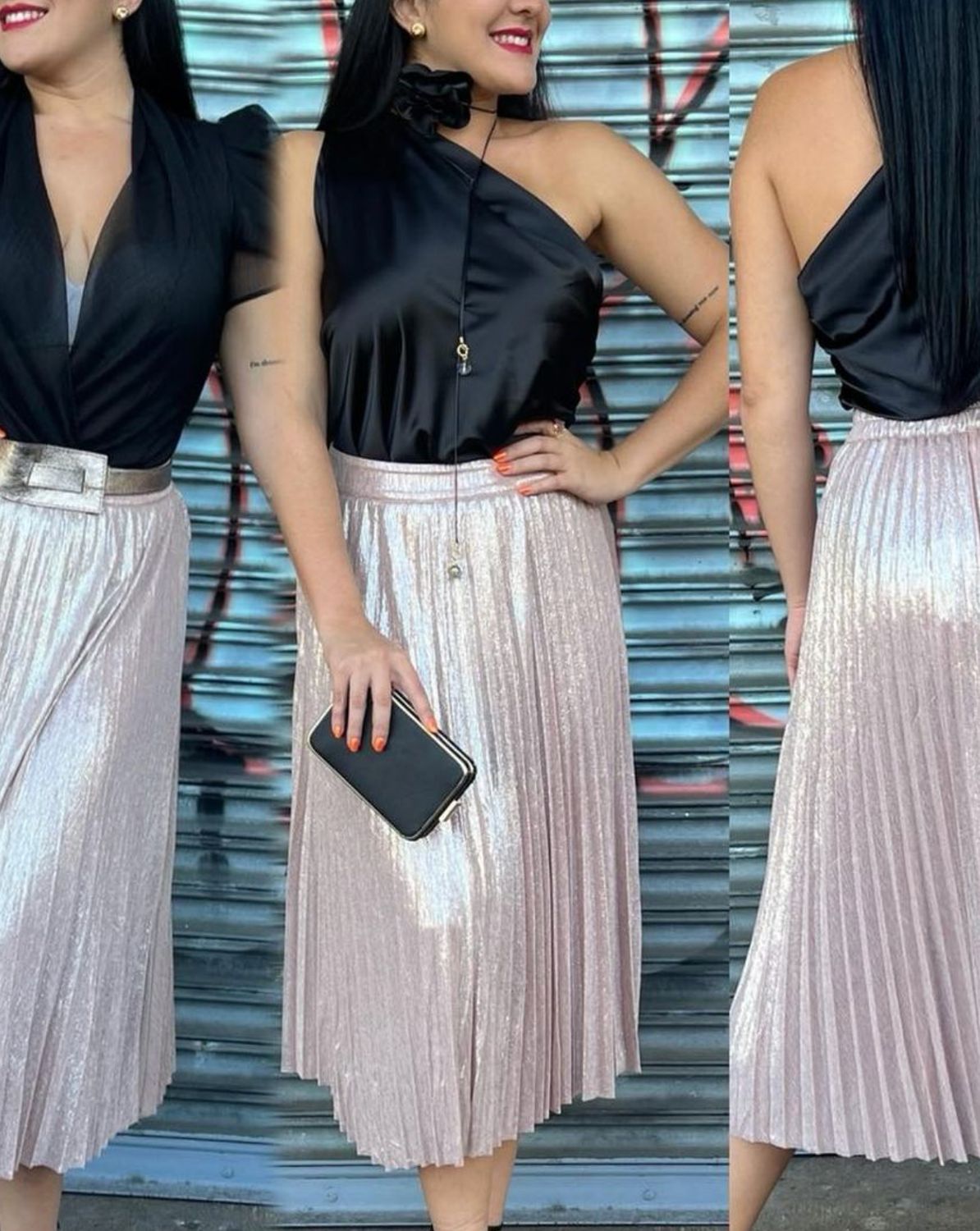 Foil Coated Pleated Skirt Champagne