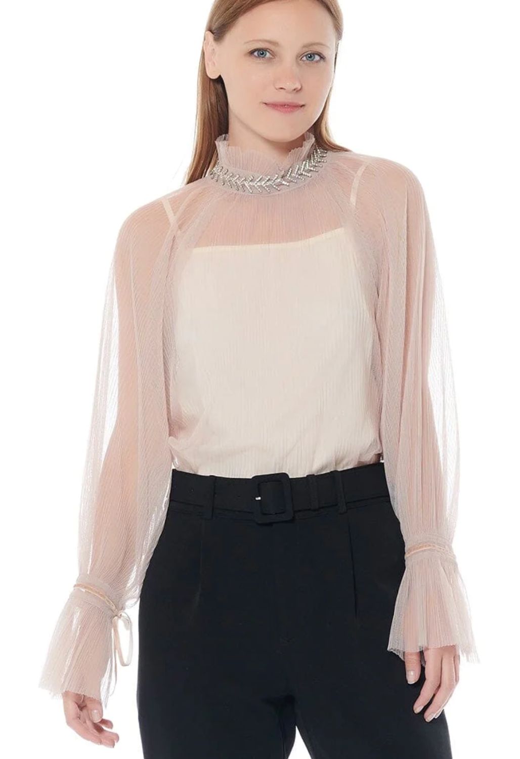 Shiny Necklace Detail See-through Pleats Top