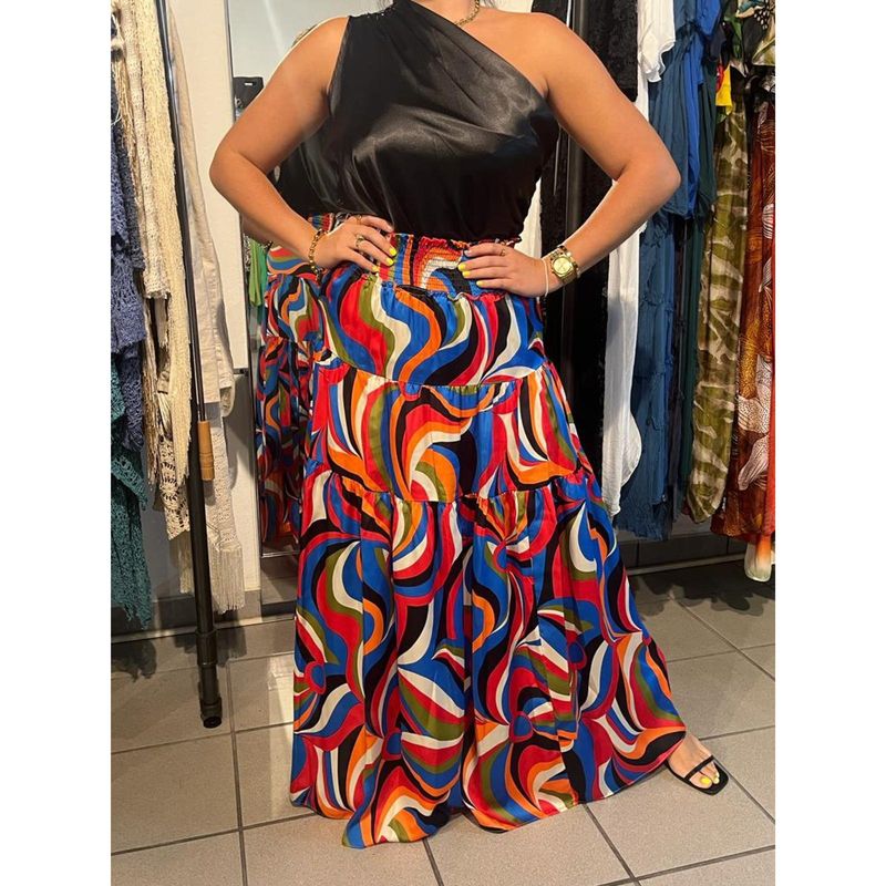 SMOCKED WAIST TIERED MAXI SKIRT W/SLIT