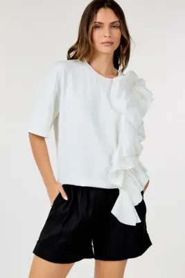 RUFFLE FRONT 3/4 SLEEVE TOP white