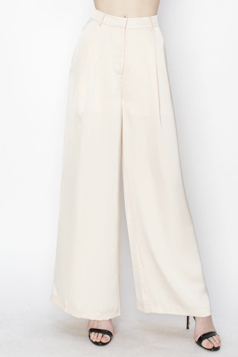 Satin High Strertch Pintuck Front Wide Leg Pants 