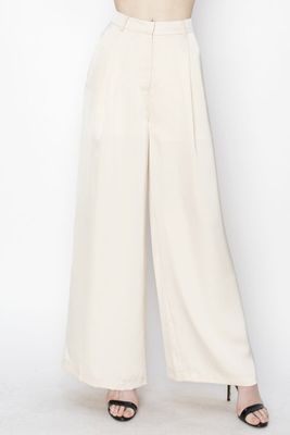 Satin High Strertch Pintuck Front Wide Leg Pants 