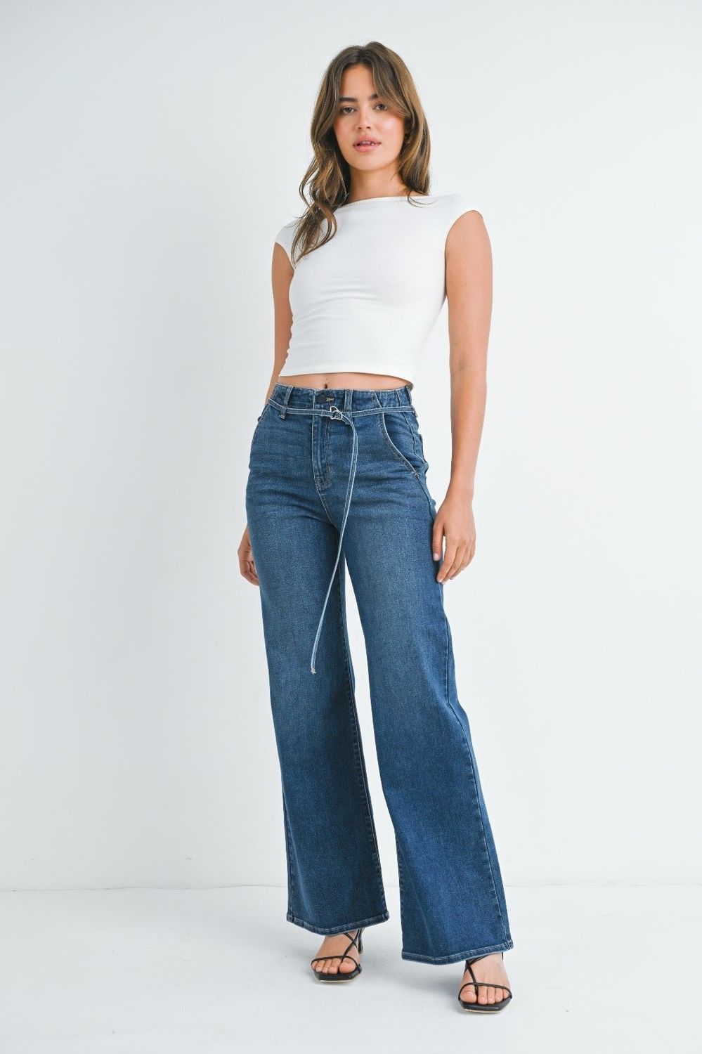 Belted wide leg denim