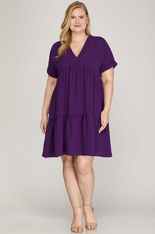 DROP SHOULDER SLEEVE V NECK WOVEN DRESS Purple DROP SHOULDER SLEEVE V NECK WOVEN DRESS Purple