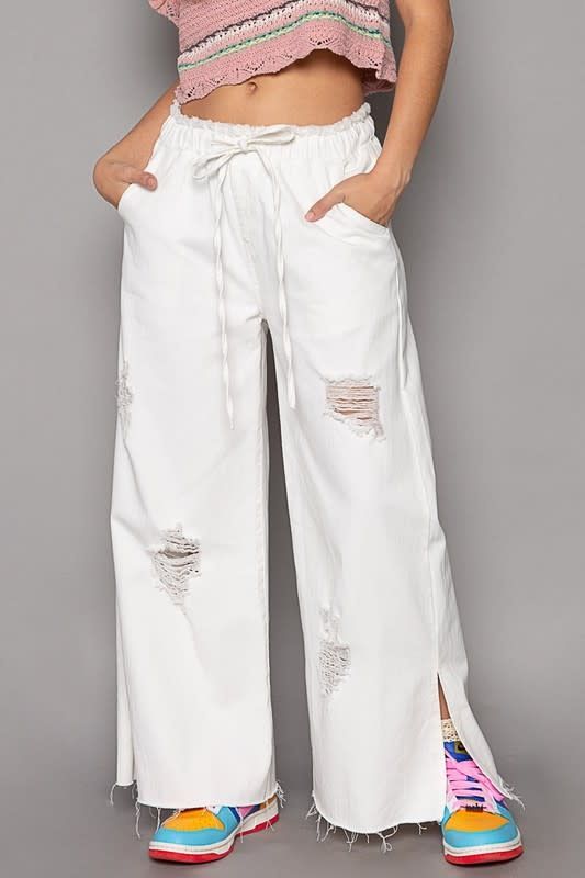 Wide leg drawstring elastic waist denim pants 