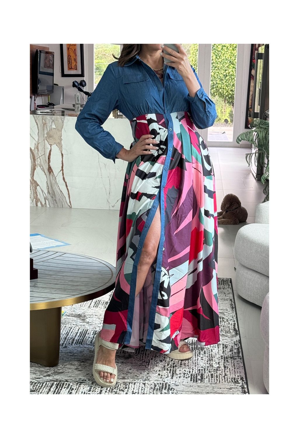 Color Block Button Up Long Sleeve Dress