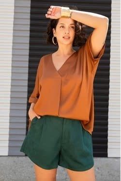 V-Neck Oversized Satin Top camel  Plus