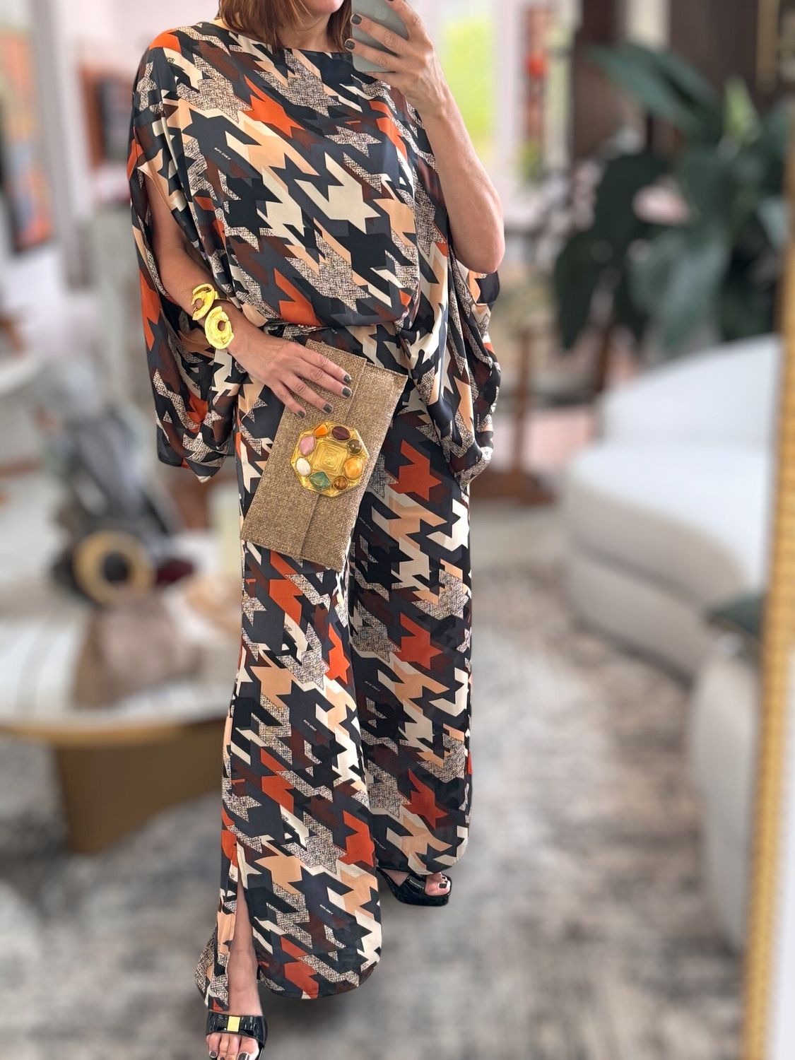 Graphic Houndstooth Side Slit Wide Leg Pants