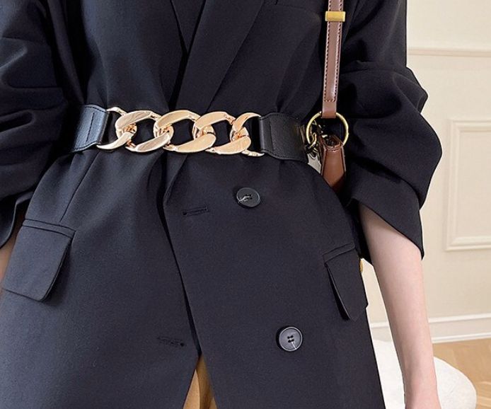 Pu Leather Back Elastic Thick Metal Belt gold