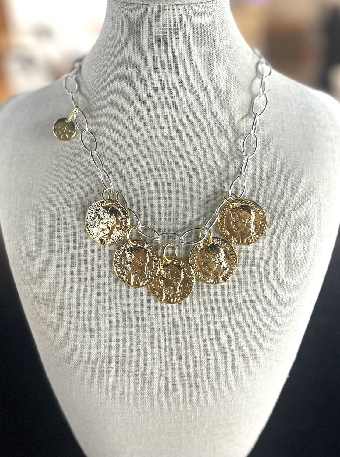 Silver Multi gold Coins  Necklace 4 soles