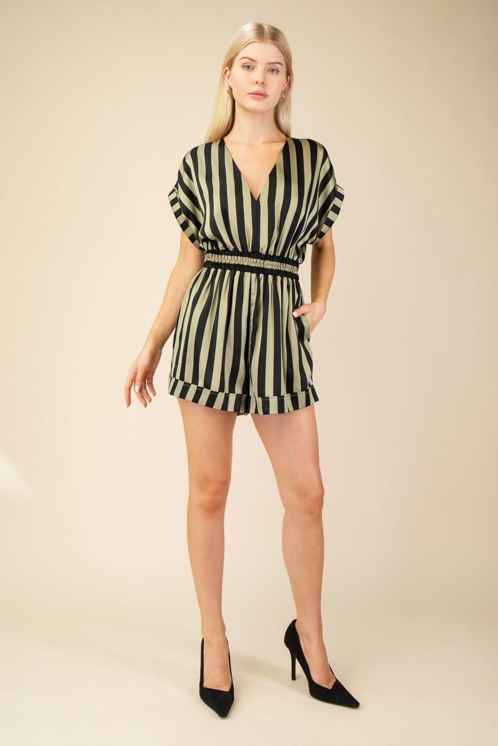 Elastic waist deep V neck striped romper