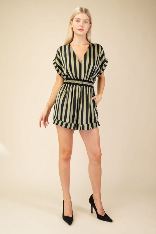 Elastic waist deep V neck striped romper Elastic waist deep V neck striped romper