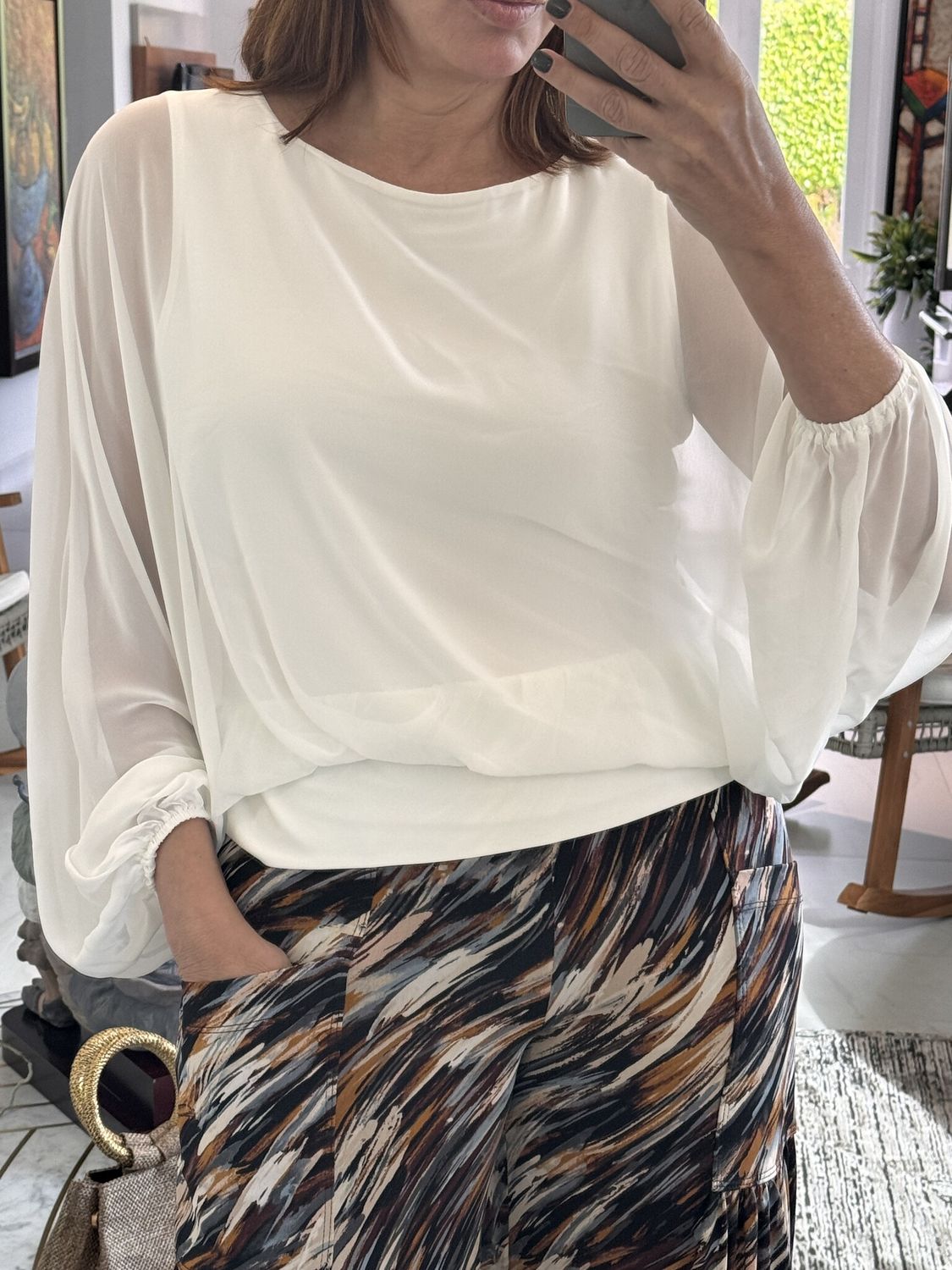 Crew Neck Chiffon Batwing Back Tie Top W/ Waistband &amp; Gathered Cuffs