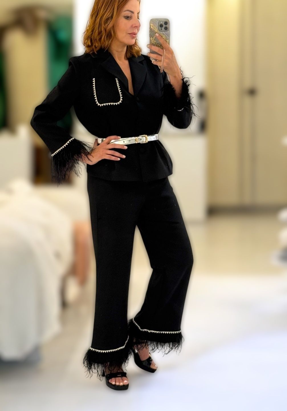 Feather and crystals black suit 