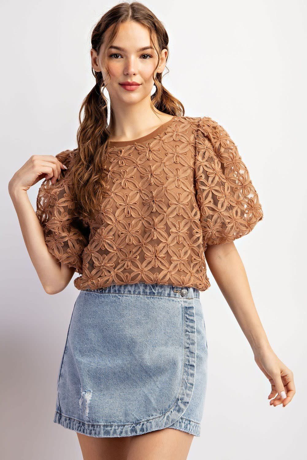 FLORAL LACE PUFF SLEEVE BLOUSE TOP