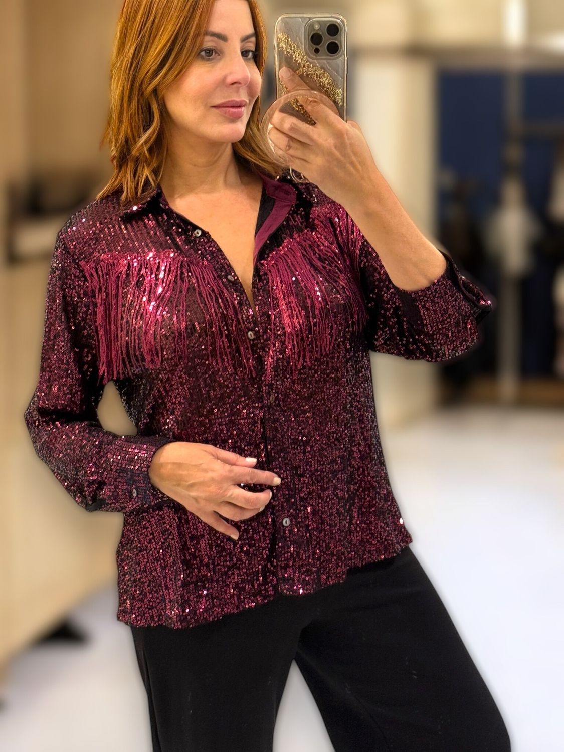 LONG SLEEVE SEQUIN BUTTON DOWN SHIRT WITH SEQUIN FRINGE