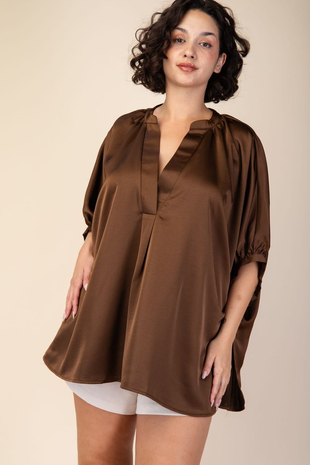 V-Neck Placket Oversized Satin Top