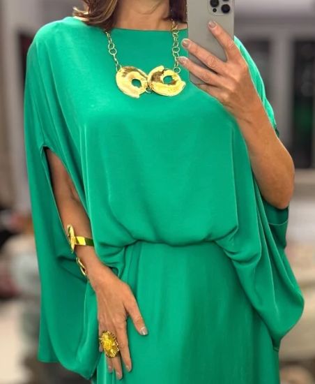 Washed Poly Silk Boat Neck Caftan Top Only Green
