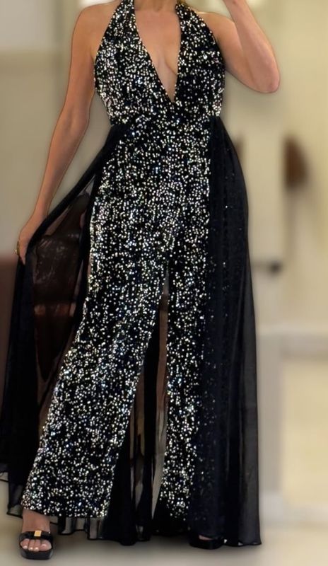 SEQUIN HALTER JUMPSUIT BLACK