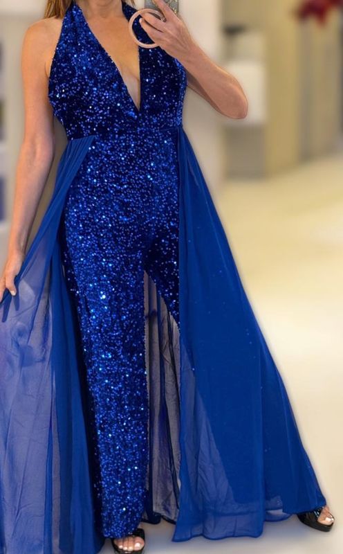 SEQUIN HALTER JUMPSUIT BLUE